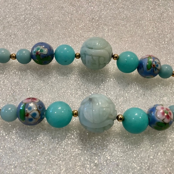 Vintage Blue Beaded Necklace With Carved and Cloisonné Style Gemstone Beads - Picture 7 of 9